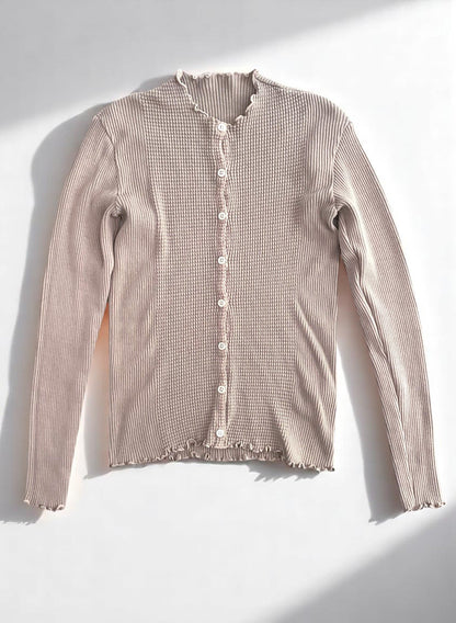 Waffle Rib Combo Tube, Long Sleeve Cardigan. #812-765, Sand Khaki