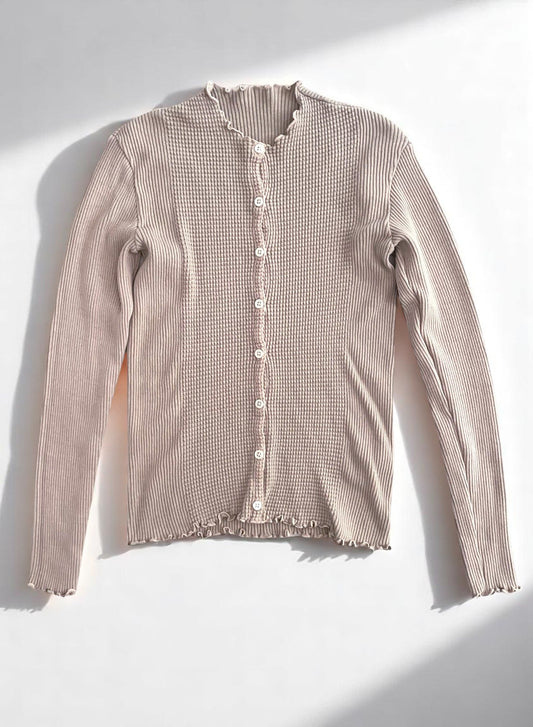 Waffle Rib Combo Tube, Long Sleeve Cardigan. #812-765, Sand Khaki