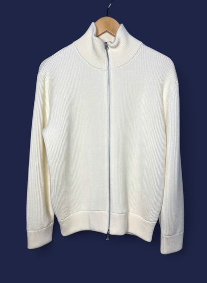 Super Fine Merino Rib, WOOL 100%,  L/S ZIP CARDIGAN , #9421043, IVORY