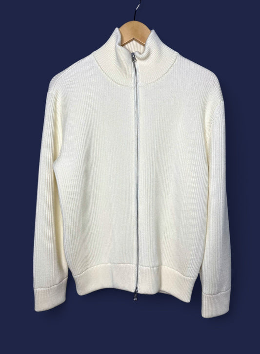 Super Fine Merino Rib, WOOL 100%,  L/S ZIP CARDIGAN , #9421043, IVORY